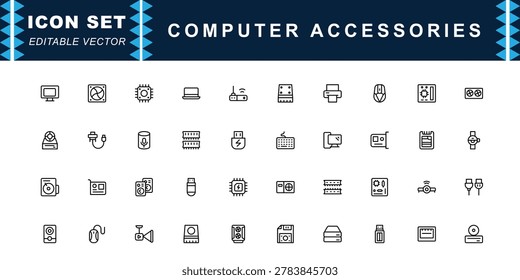 Computer Accessories icon set. Contains icons of Monitor, Keyboard, Printer, Webcam, Speaker, Processor and more. Editable stroke. Vector illustration.