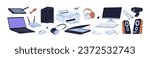 Computer accessories set. PC equipment, devices. Keyboard, mouse, headset and headphones, microphone, router, scanner and printer gadgets. Flat vector illustrations isolated on white background