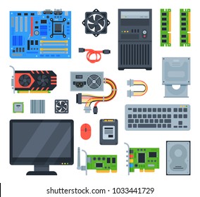 Computer accessories vector pc equipment motherboard memory and keyboard illustration computing set isolated on white background