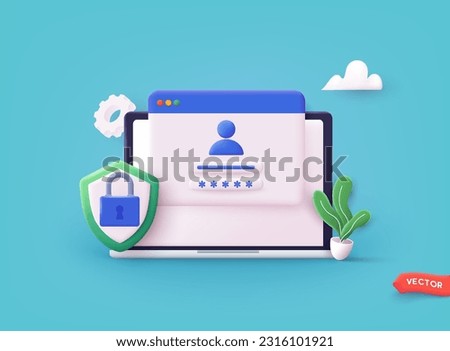 Computer and account login and password form page on screen. Sign in to account, user authorization, login authentication page concept. Username, password fields. 3D Web Vector Illustrations. 