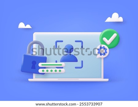 Computer and account login and password form page on screen. Sign in to account, user authorization, login authentication page concept. Username, password fields. 3D Web Vector Illustrations.