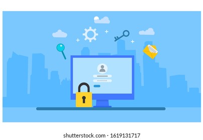 Computer with account and password.Vector Illustration, Suitable For web landing page,Wallpaper, Background,banner,Book Illustration