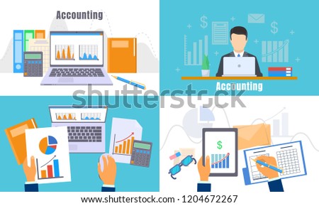 Computer accountant banner set. Flat illustration of computer accountant vector banner set for web design