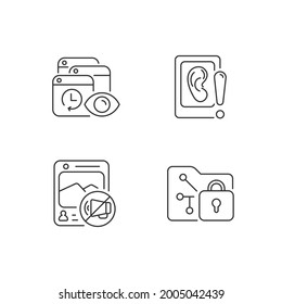 Computer Activity Monitoring Linear Icons Set. Tracking Search History. Eavesdropping On Smartphone. Customizable Thin Line Contour Symbols. Isolated Vector Outline Illustrations. Editable Stroke