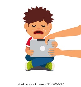 Computer addicted child holding out tablet pc and crying.  Flat style vector illustration isolated on white background.