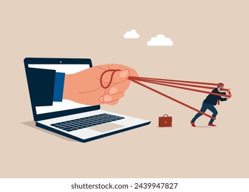 Computer addiction. Man fighting with big hand trying to run away with full effort. Monopoly business. Flat vector illustration