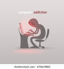 Computer addiction. Stooped person sits at the pc desk. Caricature silhouette of the hooded man. Freaky character infected with a red glow of display. Metaphor hints to an extreme internet overuse.