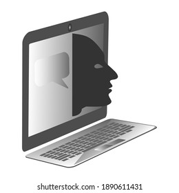 Administrador del equipo. Redes 3D. Perfil de cabeza humana desde la pantalla del monitor. Ilustración de logotipo para cursos en línea o consultor de TI.