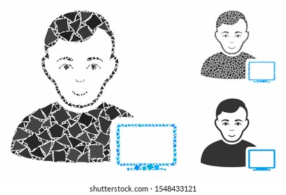 Computer administrator composition of raggy pieces in various sizes and shades, based on computer administrator icon. Vector raggy parts are united into composition.