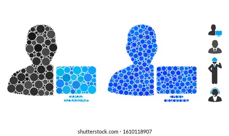 Computer administrator composition of round dots in variable sizes and color tones, based on computer administrator icon. Vector round dots are grouped into blue collage.