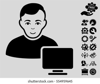 Computer Administrator icon with bonus options icon set. Vector illustration style is flat iconic black symbols on light gray background.