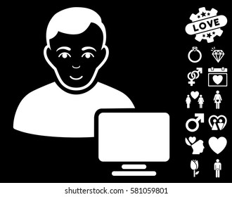 Computer Administrator icon with bonus passion clip art. Vector illustration style is flat iconic white symbols on black background.