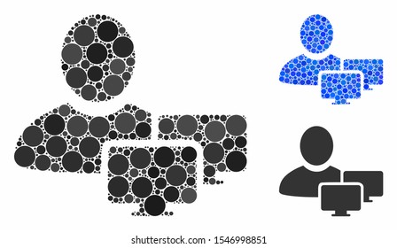 Computer administrator mosaic of filled circles in different sizes and color tones, based on computer administrator icon. Vector filled circles are combined into blue mosaic.