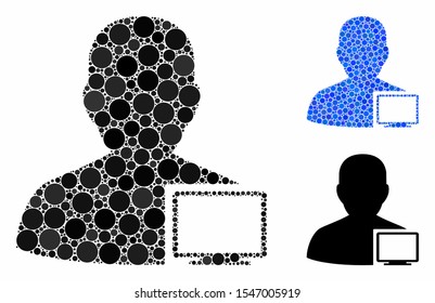 Computer administrator mosaic of filled circles in various sizes and color tinges, based on computer administrator icon. Vector filled circles are combined into blue illustration.