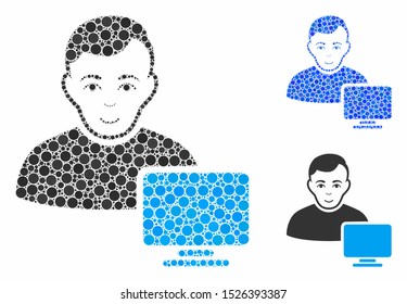Computer administrator mosaic for computer administrator icon of round dots in various sizes and color tints. Vector round dots are combined into blue mosaic.