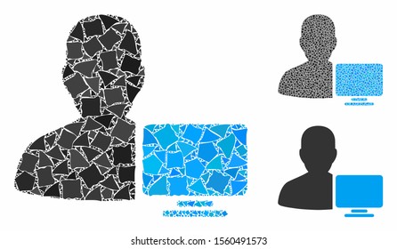 Computer administrator mosaic of rough items in variable sizes and shades, based on computer administrator icon. Vector unequal items are composed into collage.