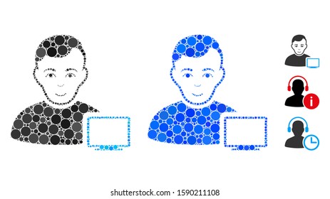 Computer administrator mosaic of small circles in variable sizes and color tones, based on computer administrator icon. Vector small circles are united into blue mosaic.