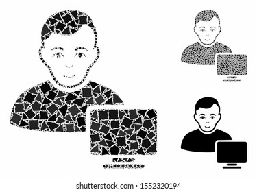 Computer administrator mosaic of unequal items in different sizes and color tinges, based on computer administrator icon. Vector rough items are composed into mosaic.