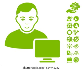 Computer Administrator pictograph with bonus configuration symbols. Vector illustration style is flat iconic eco green symbols on white background.