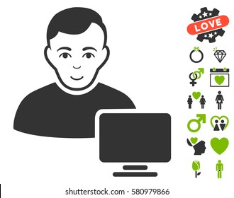 Computer Administrator pictograph with bonus decoration images. Vector illustration style is flat iconic eco green and gray symbols on white background.