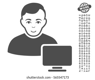 Computer Administrator pictograph with bonus men icon set. Vector illustration style is flat iconic gray symbols on white background.