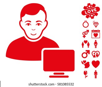 Computer Administrator pictograph with bonus romantic icon set. Vector illustration style is flat iconic red symbols on white background.