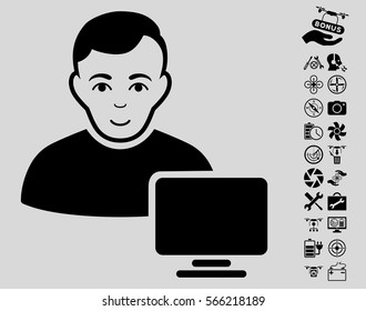 Computer Administrator pictograph with bonus uav tools icon set. Vector illustration style is flat iconic black symbols on light gray background.