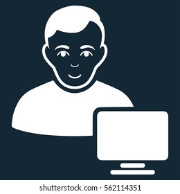 Computer Administrator vector icon. Flat white symbol. Pictogram is isolated on a dark blue background. Designed for web and software interfaces.