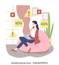 Concepto de ataque de adware informático. La mujer sufre de spam en la pantalla del ordenador portátil. Publicidad en Internet. Virus y hackers atacan en línea. Ilustración vectorial plana