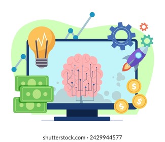 Computadora con cerebro de IA ilustración vectorial. Bombilla, cohete, ruedas dentadas y dinero como símbolo del proyecto de inicio. Tecnología innovadora, concepto de inteligencia artificial