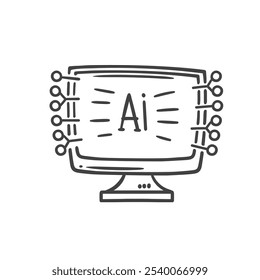 Computador com texto AI e ícone de linha de conexão de circuito. Descreva o robô de bate-papo desenhado à mão na tela do PC, assistente virtual e gerador de conteúdo. Mascote de inteligência artificial, ilustração do vetor do ícone da IA