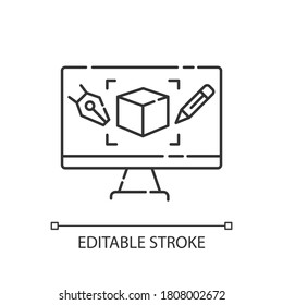 Computer Aided Design Pixel Perfect Linear Icon. Graphic Design, Computer Aided Manufacturing Thin Line Customizable Illustration. Contour Symbol. Vector Isolated Outline Drawing. Editable Stroke