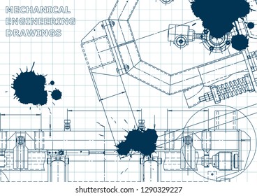 Computer aided design systems. Blueprint, scheme, plan, sketch. Technical illustrations, backgrounds Mechanical engineering Blue Ink Blots