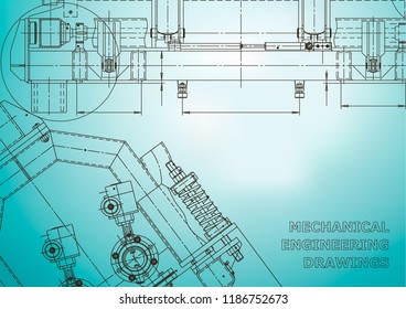 Computer aided design systems. Technical illustrations, backgrounds. Mechanical engineering drawing. Machine-building industry. Instrument-making drawings. Light blue