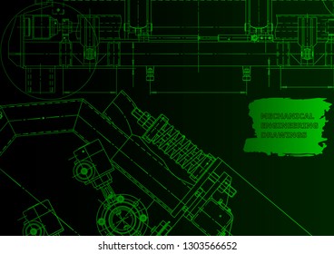 Computer aided design systems. Technical illustrations, backgrounds. Mechanical engineering. Green neon