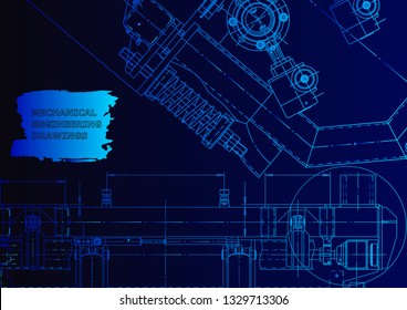 Computer aided design systems. Technical illustrations, backgrounds. Mechanical engineering drawing. Blue neon