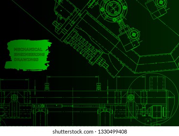 Computer aided design systems. Technical illustrations, backgrounds. Mechanical engineering drawing. Green neon