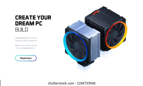 Computer air cooling with color led lighting for cpu processor, 3d realistic fan isometric illustration, custom gaming and workstation components, computer components and accessories store