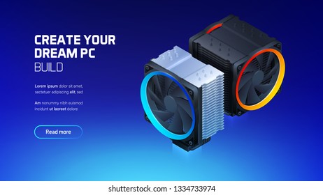 Computer air cooling with color led lighting for cpu processor, 3d realistic fan isometric illustration, custom gaming and workstation components, computer components and accessories store