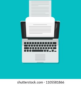 Computer aka typewriter vector, flat cartoon laptop pc and long written text file document creating, concept of copywriting, blogging, writing big article or content, post or letter clipart
