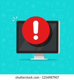 Computer with alarm important secure notice or alert sign vector icon, flat pc display and exclamation sign, concept danger or risk message content, error malware attack, attention notification