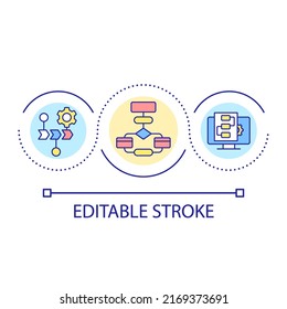 Computer algorithms loop concept icon. Use models for new project. Planning software abstract idea thin line illustration. Isolated outline drawing. Editable stroke. Arial font used