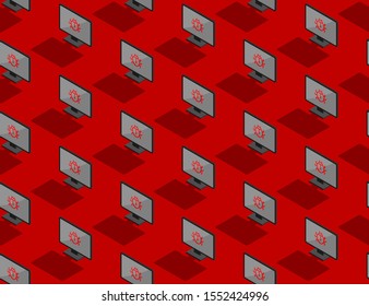 Computer all in one 3d isometric seamless pattern, Malware virus protection concept poster and social banner post horizontal design illustration isolated on red background with copy space, vector eps