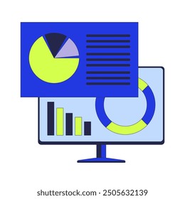 Computer analyzing data 2D cartoon object. Pie chart graph. Tech analytics desktop monitor isolated flat vector element white background. Piechart infographic technology color spot illustration