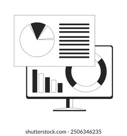 Computer analyzing data black and white 2D line object. Pie chart graph. Tech analytics desktop monitor isolated vector outline item. Piechart infographic gadget monochromatic flat spot illustration