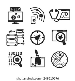 Conjuntos de iconos antivirus de equipo // BW Blanco y negro