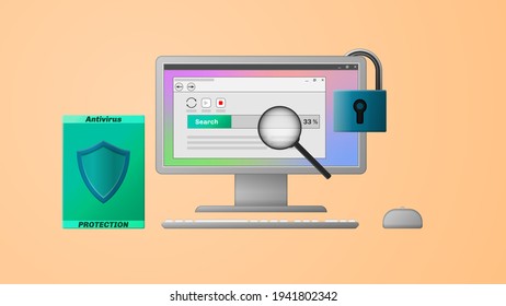 Computer Anti-Virus-Schutzkonzept. Computer mit offenem Fenster zum Überprüfen des Computers auf Viren. Web-Vektorgrafik.