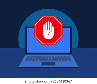 Computer antivirus protection or virus defense concept. Laptop screen with red stop sign and hand with stop or defense gesture. Vector illustration.