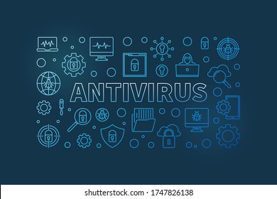Computer Antivirus vector concept outline blue horizontal illustration or banner on dark background
