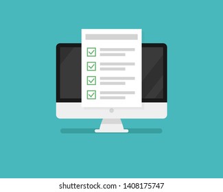 Computer and application or test with checklist form with green checkmark. Paper document with checkbox on page. EPS 10